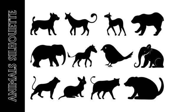 Black Silhouette Animal Profiles for Design and Illustration
