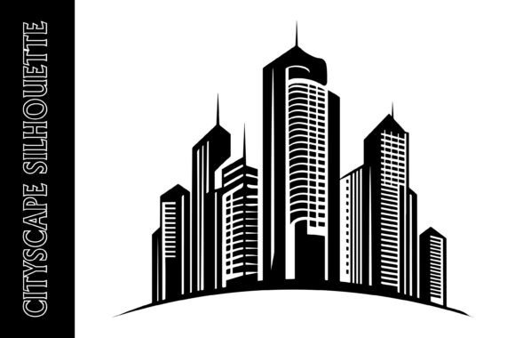Stylized Black and White Cityscape: A Modern Graphic for Creative and Commercial Use