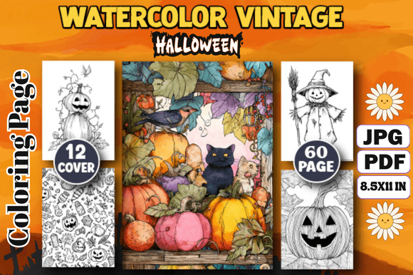Watercolor Vintage Halloween Coloring Page